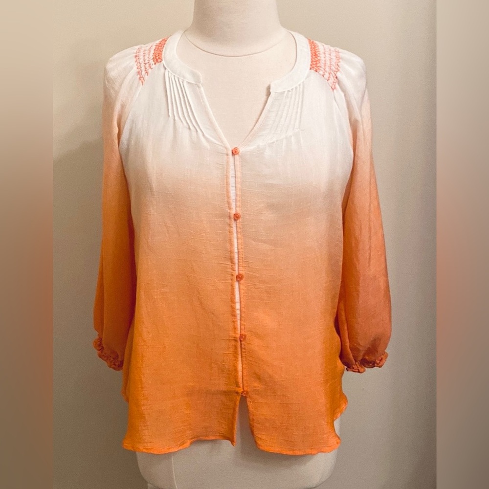 Zac & Rachel Petite Ombré White Orange SZ MP Coastal Tropical Brunch Casual Top